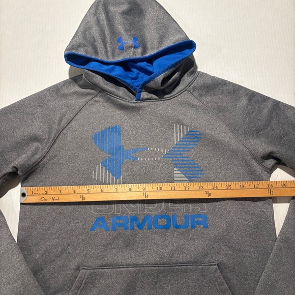 UNDER ARMOUR ColdGear Hoodie Fleece Big Logo Pocket Gray Blue Boy’s Size Youth L - Picture 5 of 8
